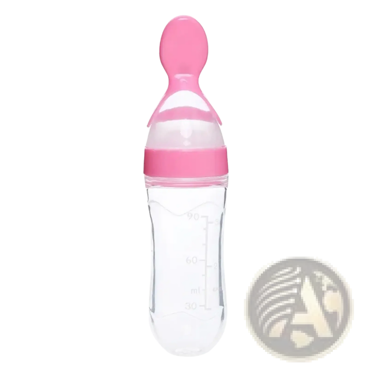 Baby feeding spoon bottle bpa free silicone 90ml with pink silicone spout and nipple on clear graduated bottle