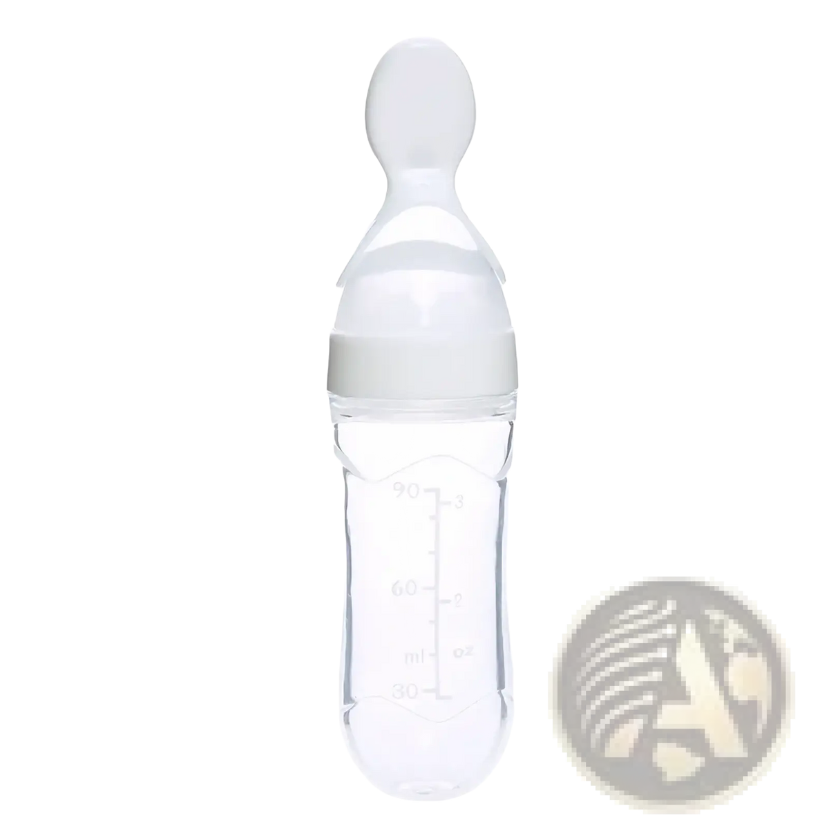 Clear plastic baby feeding spoon bottle bpa free silicone 90ml with white nipple and measurement markings