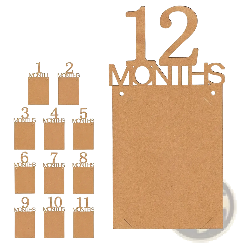 Brown wooden baby first birthday photo banner milestone garland with cut-out numbers and slots for photos or notes