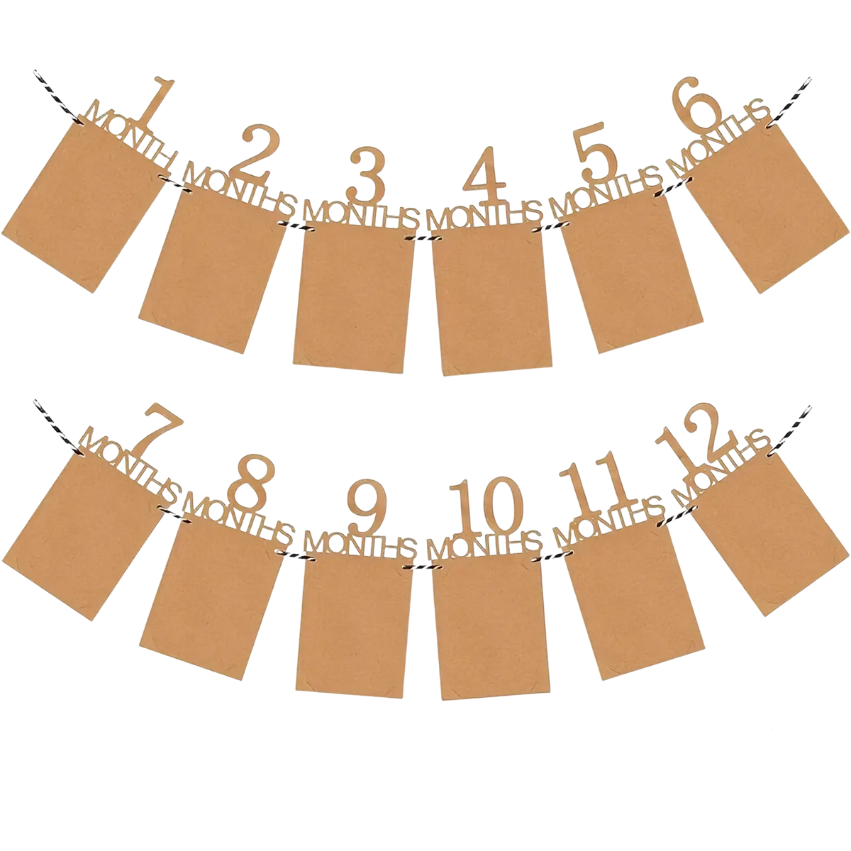 Brown wooden baby first birthday photo banner milestone garland with numbered slots for photos