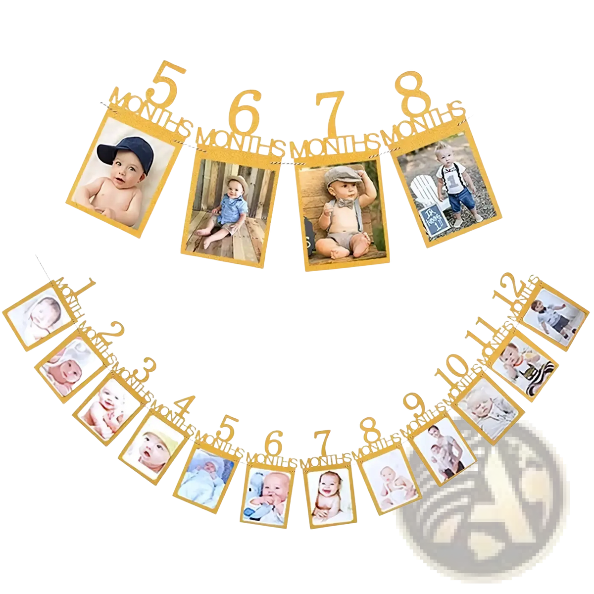 Gold-colored baby first birthday photo banner milestone garland with numbered frames 1 to 8 for baby milestones display