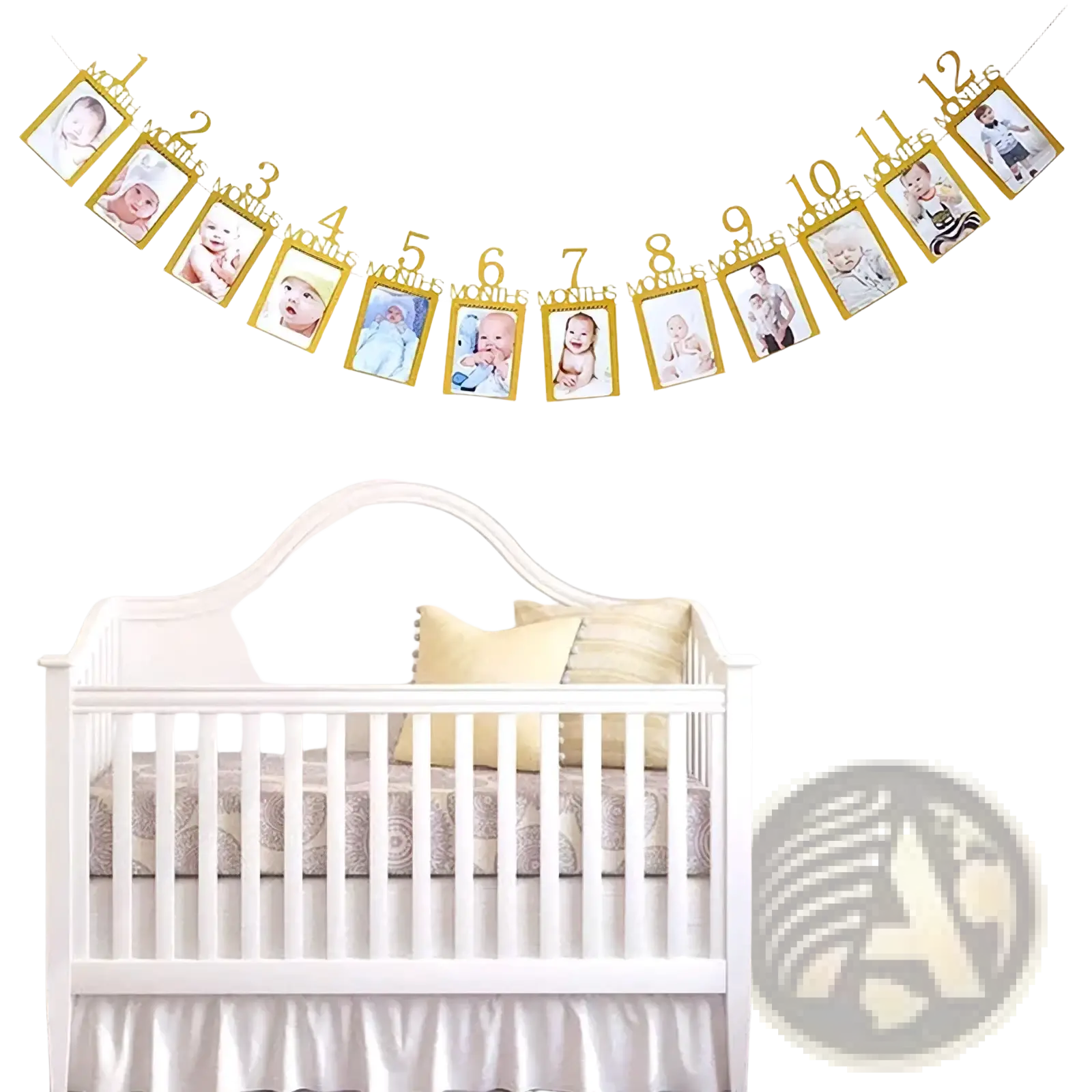Gold-colored photo banner with numbered frames displaying baby photos for first birthday milestone garland