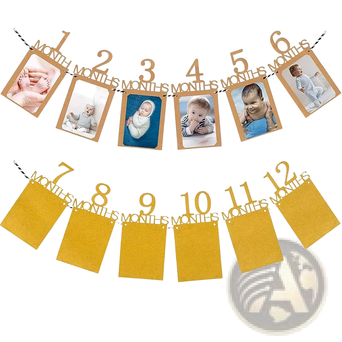 Gold glitter baby first birthday photo banner milestone garland with numbered month slots for milestone photos