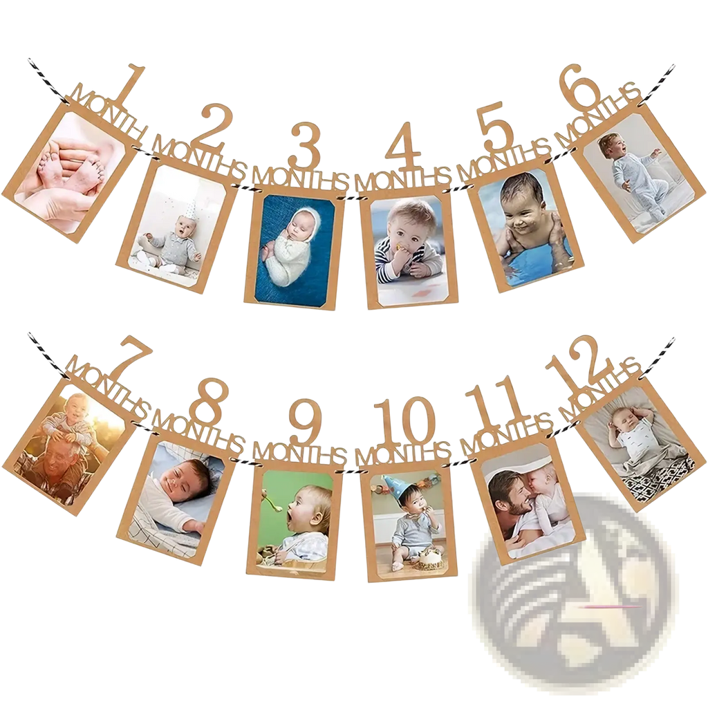 Wooden baby first birthday photo banner milestone garland with numbered month labels and picture frames for monthly photos