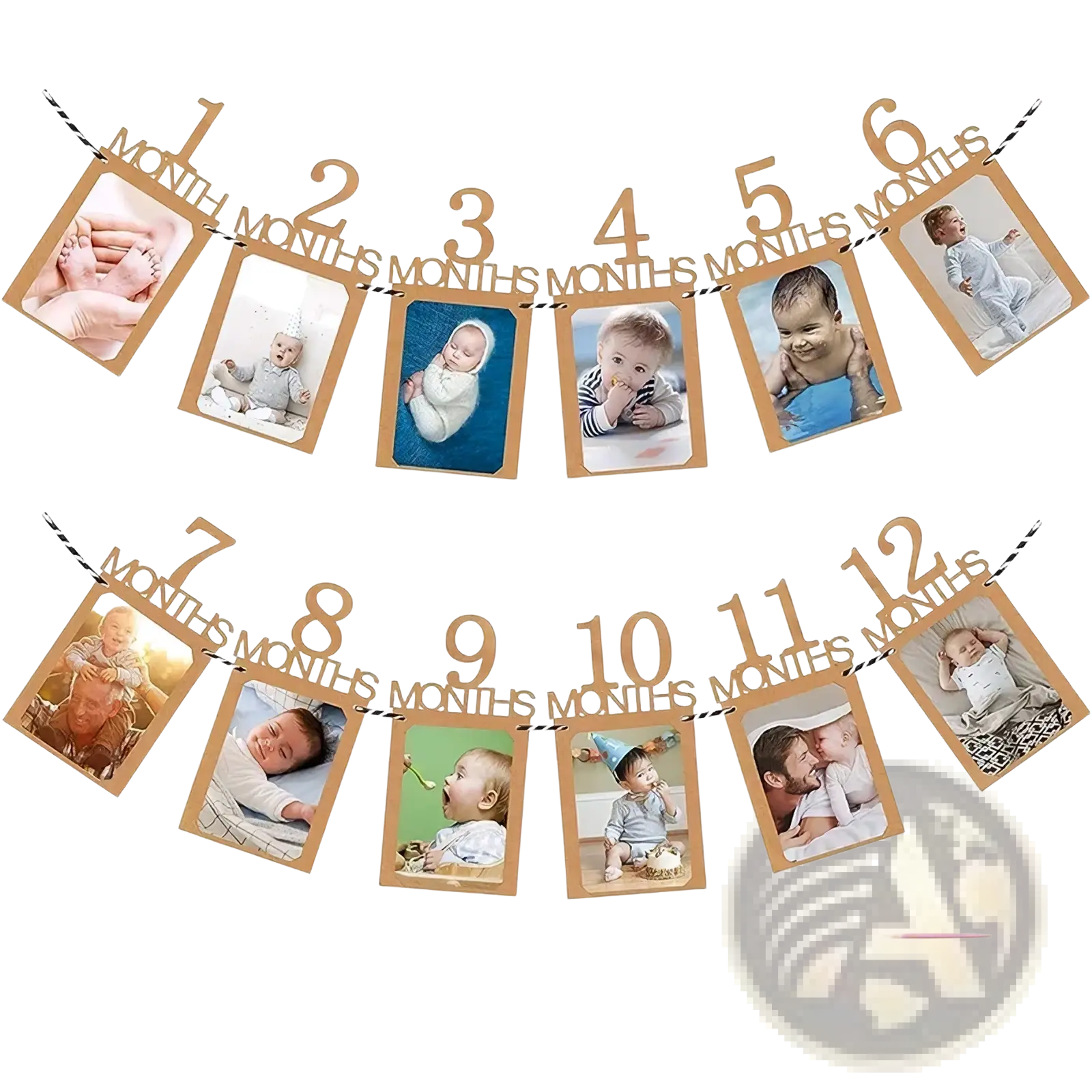 Wooden baby first birthday photo banner milestone garland with numbered month labels and picture frames for monthly photos