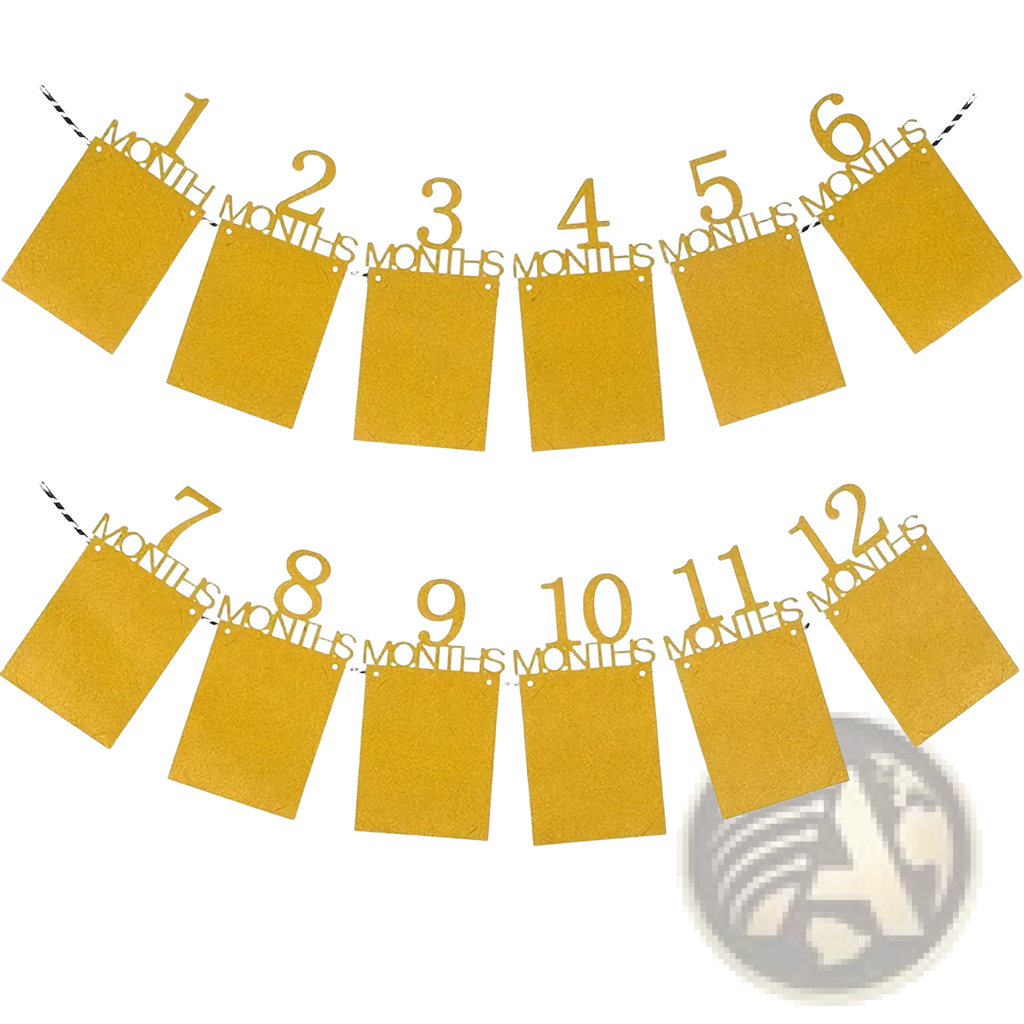 Gold glittery baby first birthday photo banner milestone garland with numbered month slots for celebrations