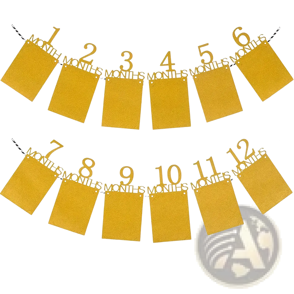 Gold glittery baby first birthday photo banner milestone garland with numbered month slots for celebrations