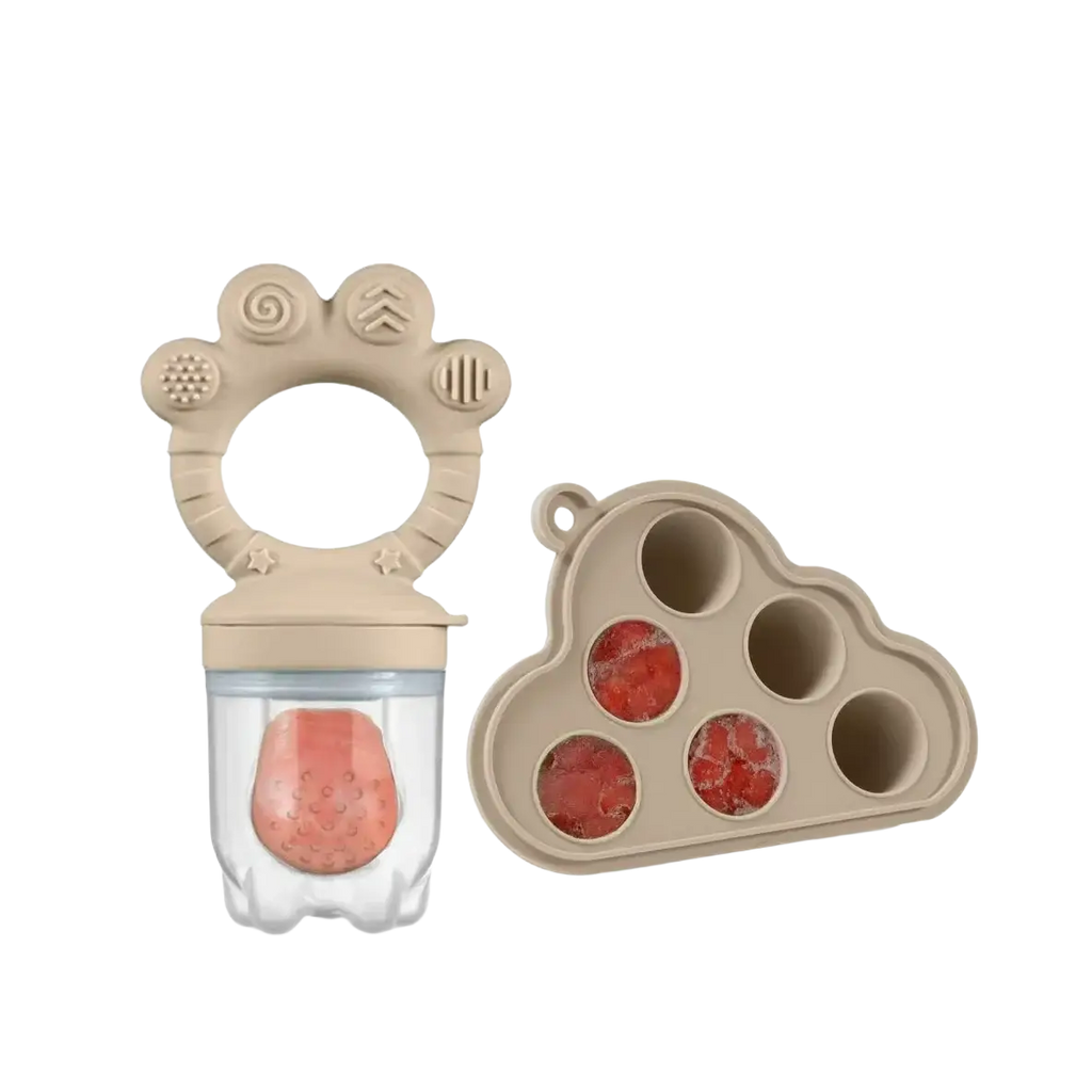 Beige silicone baby fruit feeder and freezer tray set with clear container holding pink fruit puree and cloud mold
