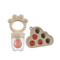 Beige silicone baby fruit feeder and freezer tray set with clear container holding pink fruit puree and cloud mold