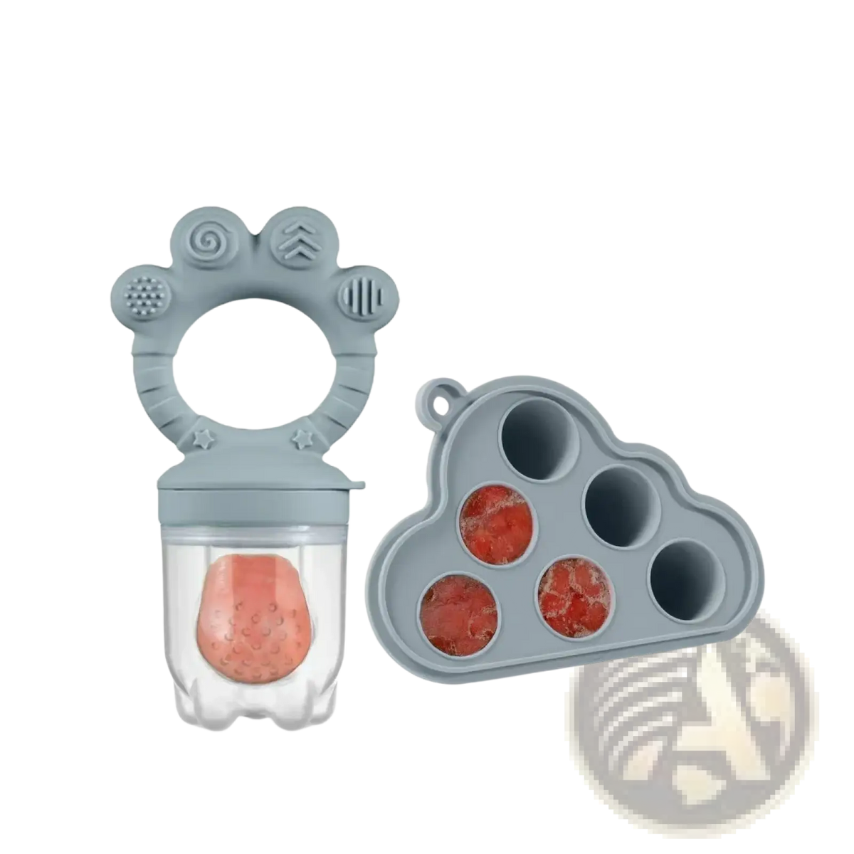 Gray silicone baby teether with paw print design and clear container holding peach fruit in baby fruit feeder set