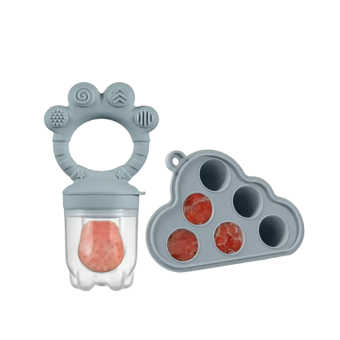 Gray silicone baby teether with paw print design and clear container holding peach fruit in baby fruit feeder set