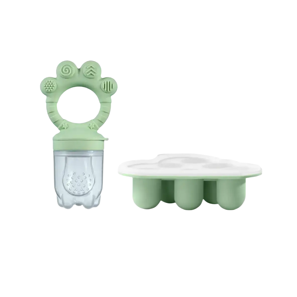 Light green silicone baby teether with paw print design and clear plastic fruit holder in baby fruit feeder set