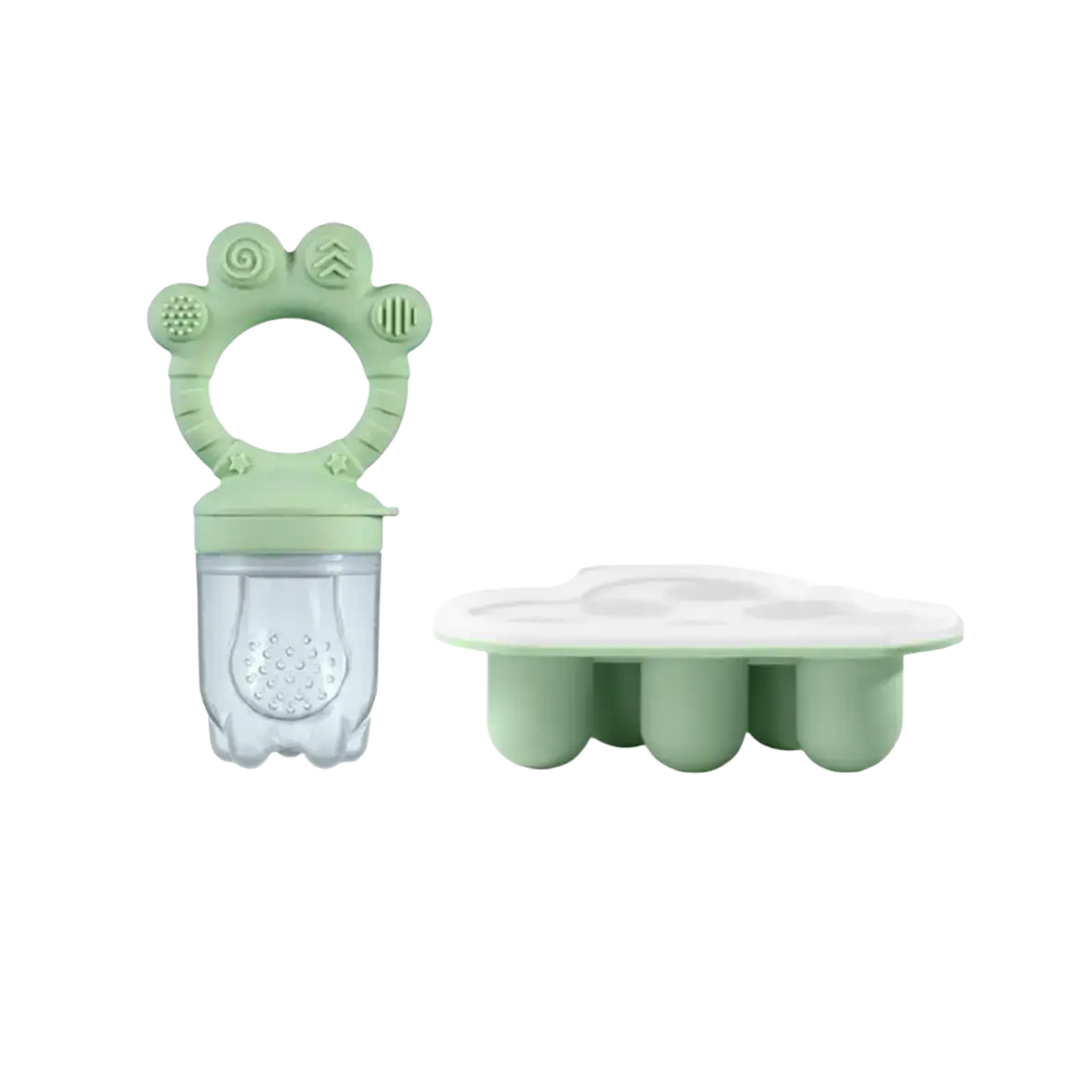 Light green silicone baby teether with paw print design and clear plastic fruit holder in baby fruit feeder set