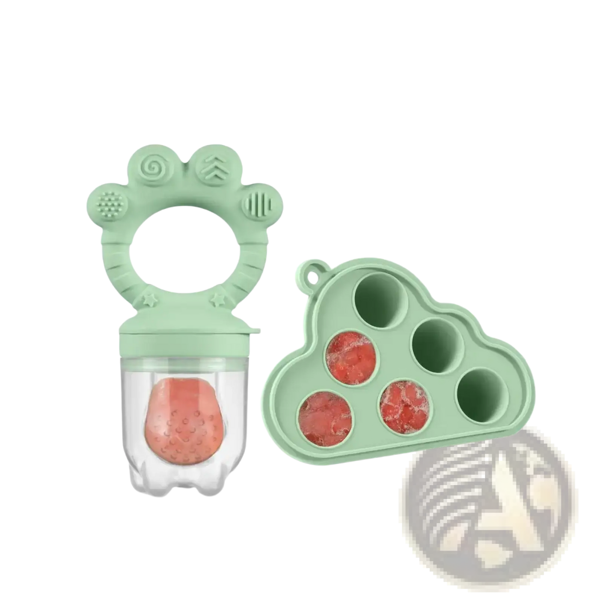 Mint green silicone baby fruit feeder and matching cloud-shaped silicone freezer tray with clear container of fruit