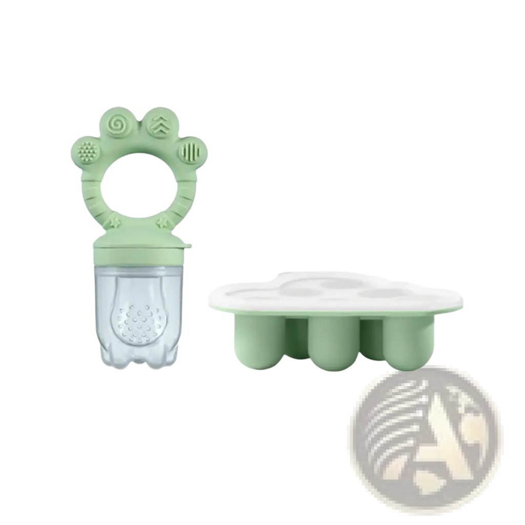Light green silicone baby teether with paw print design and clear plastic fruit holder in baby fruit feeder set