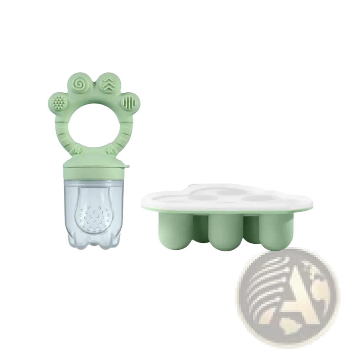 Light green silicone baby teether with paw print design and clear plastic fruit holder in baby fruit feeder set