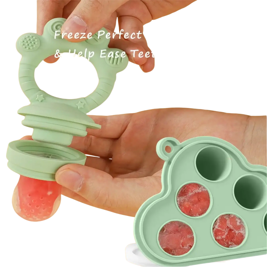 Light green silicone baby fruit feeder with built-in freezer compartment holding frozen fruit for teething relief