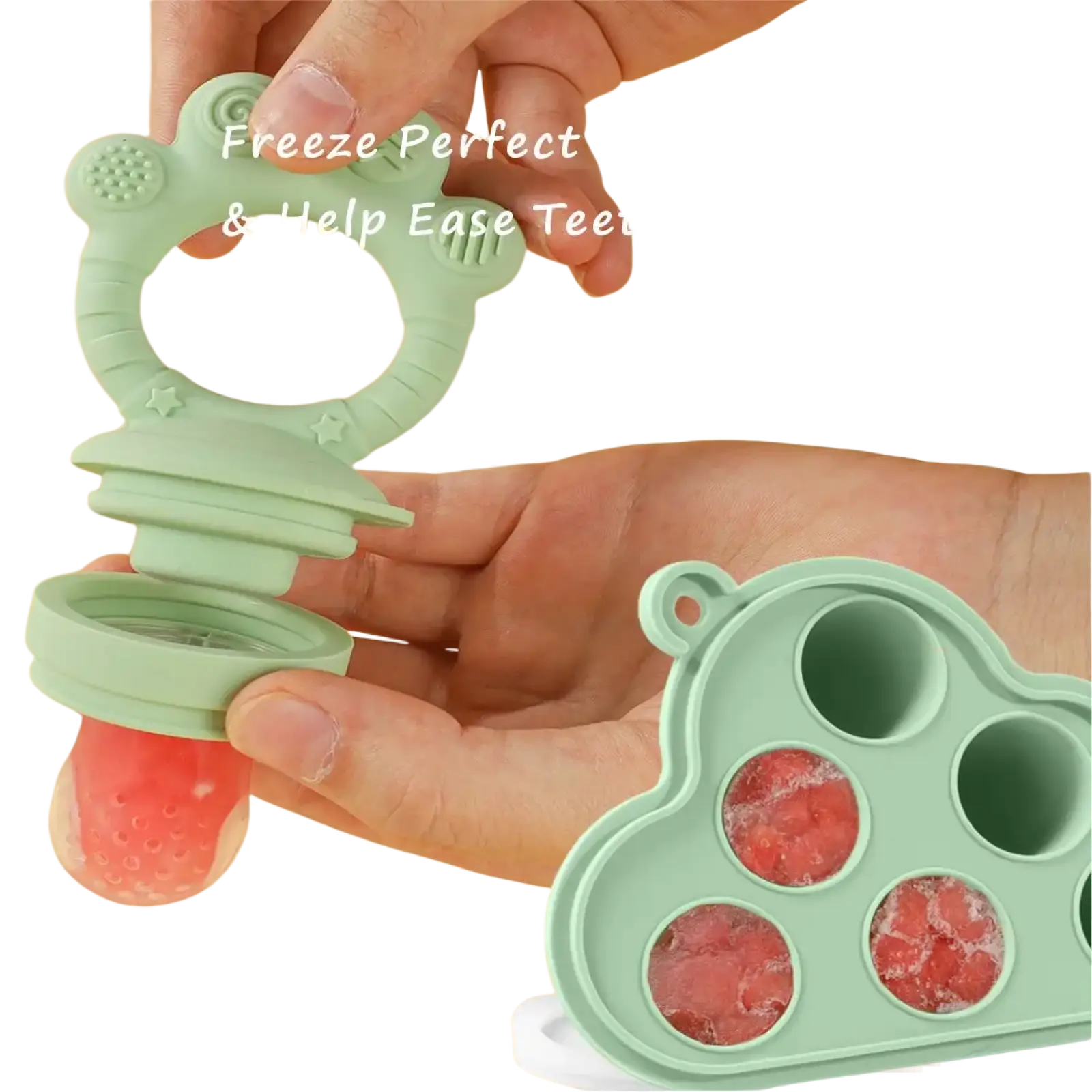 Light green silicone baby fruit feeder with built-in freezer compartment holding frozen fruit for teething relief