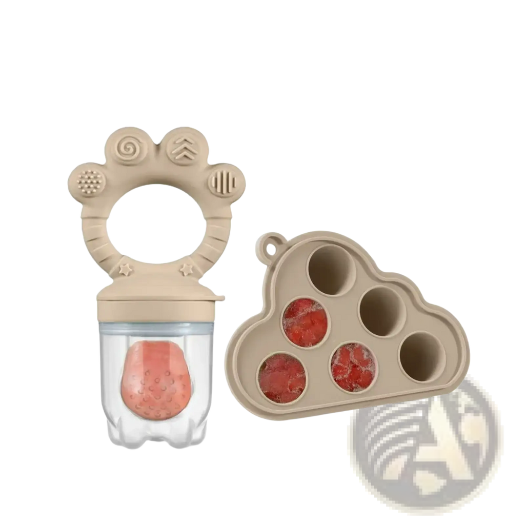 Beige silicone baby fruit feeder and freezer tray set with clear container holding pink fruit puree and cloud mold