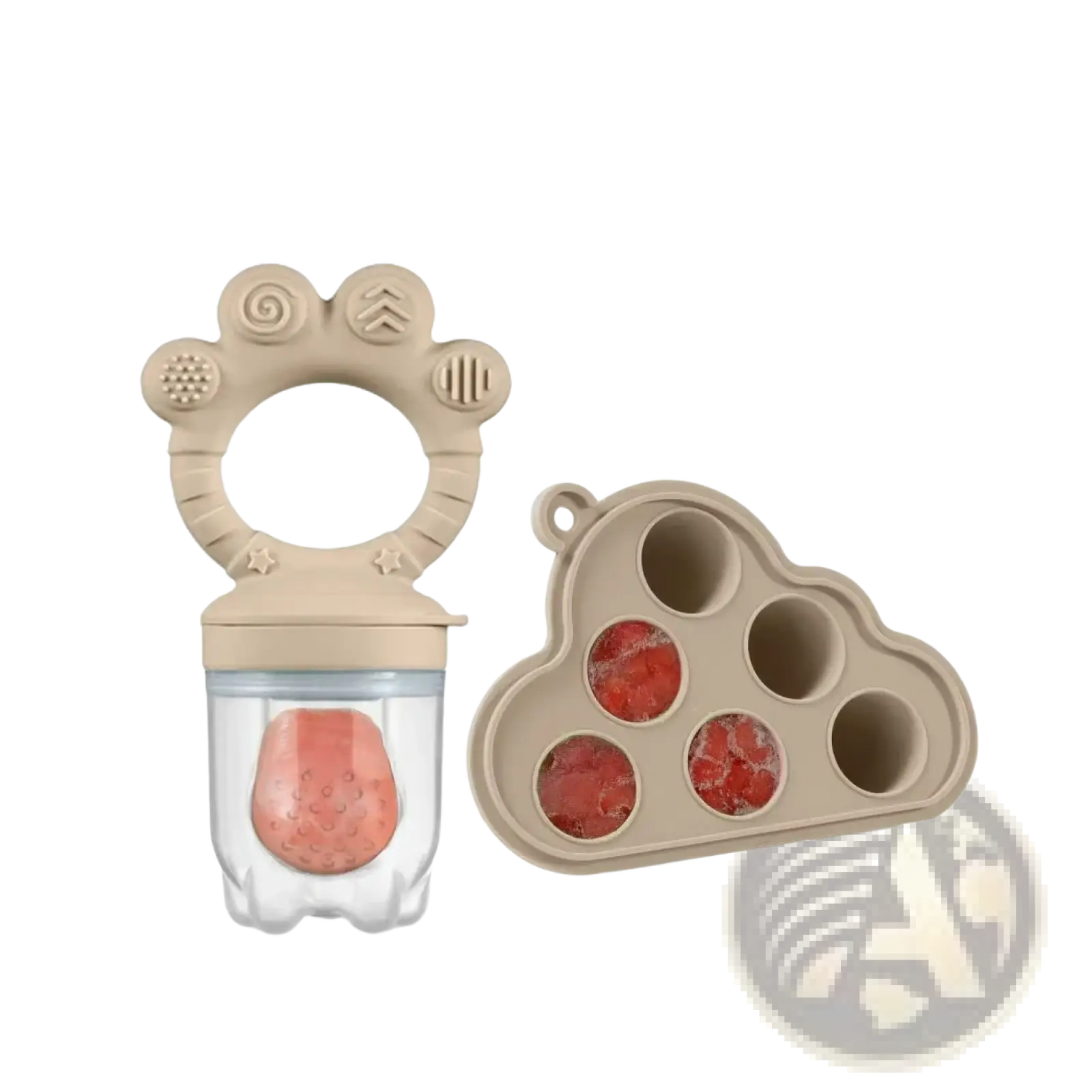 Beige silicone baby fruit feeder and freezer tray set with clear container holding pink fruit puree and cloud mold