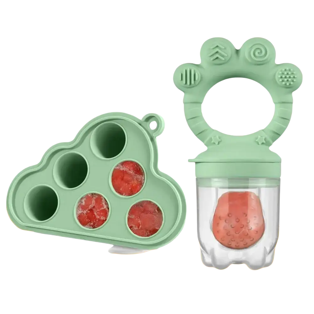 Mint green silicone baby fruit feeder with clear plastic container and textured grip handles for teething use