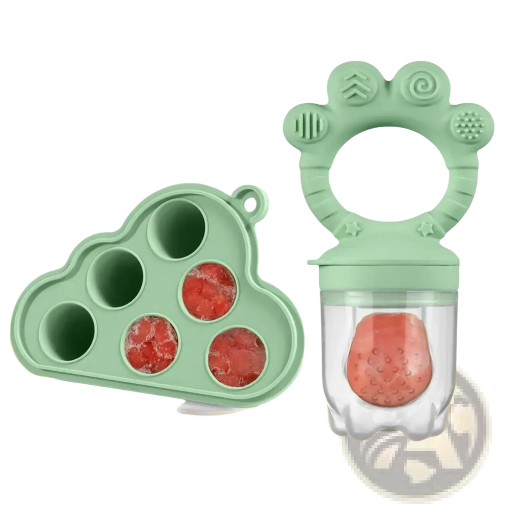 Mint green silicone baby fruit feeder with clear plastic container and textured grip handles for teething use