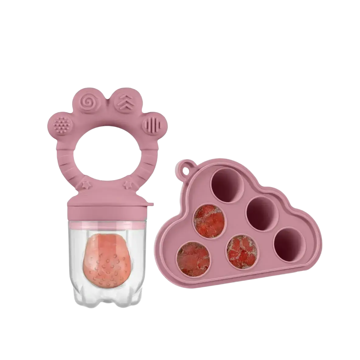 Pink silicone baby fruit feeder with clear container of peach puree and matching pink cloud-shaped ice cube tray