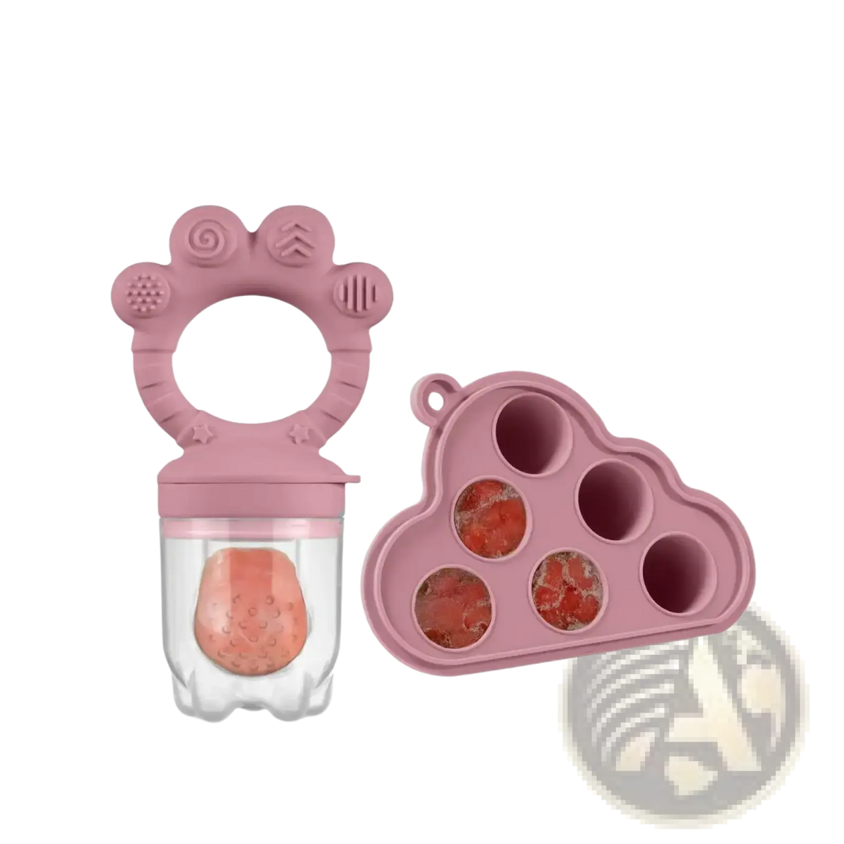 Pink silicone baby fruit feeder with clear container of peach puree and matching pink cloud-shaped ice cube tray