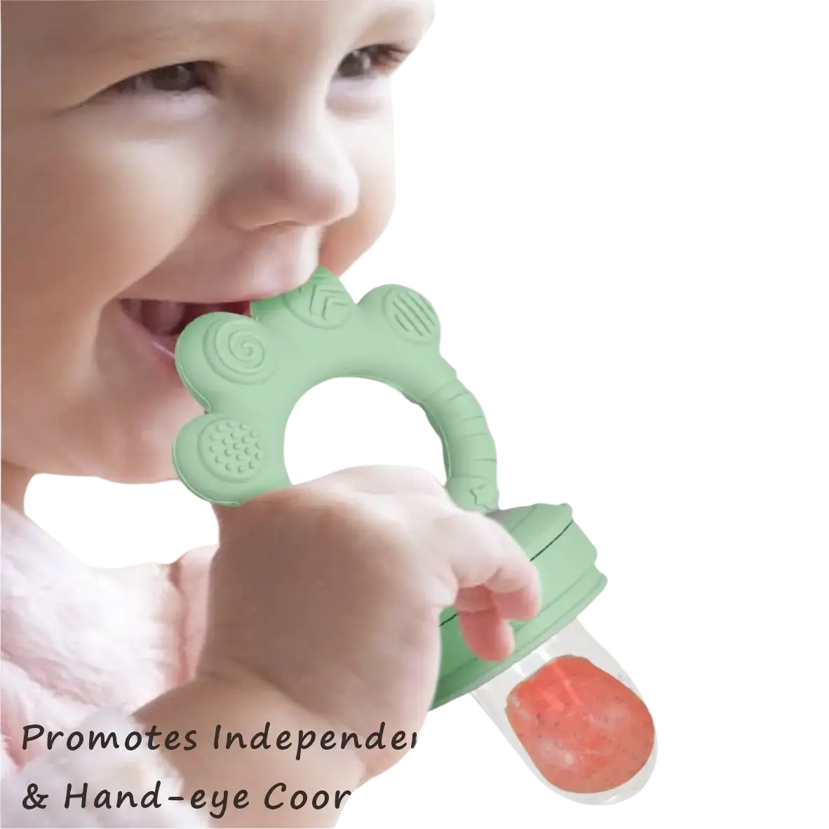 Mint-green silicone baby fruit feeder with textured flower top and clear base holding red fruit puree in freezer tray set