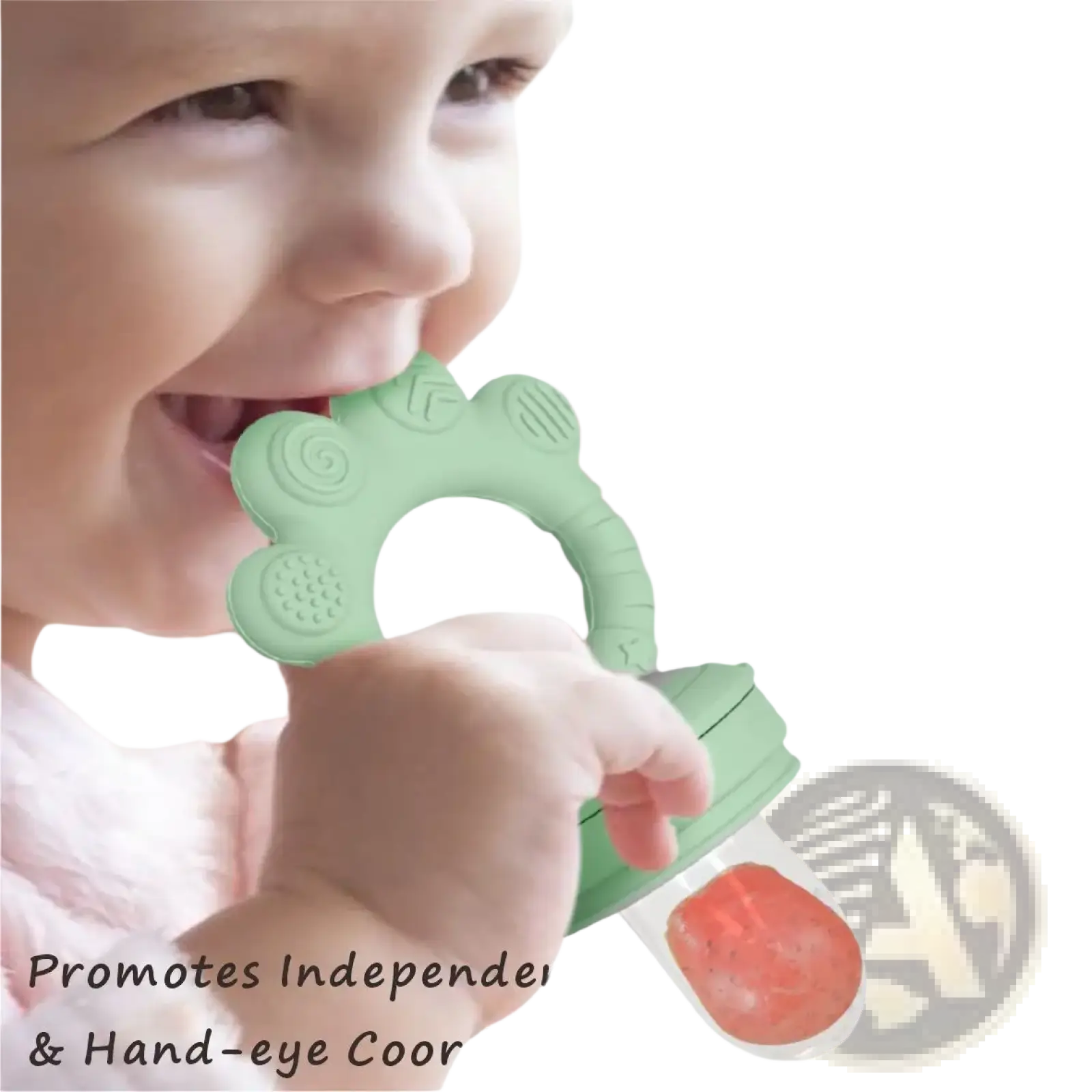 Mint-green silicone baby fruit feeder with textured flower top and clear base holding red fruit puree in freezer tray set