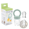 Light green silicone baby fruit feeder and teether with a clear plastic body and small holes for easy feeding