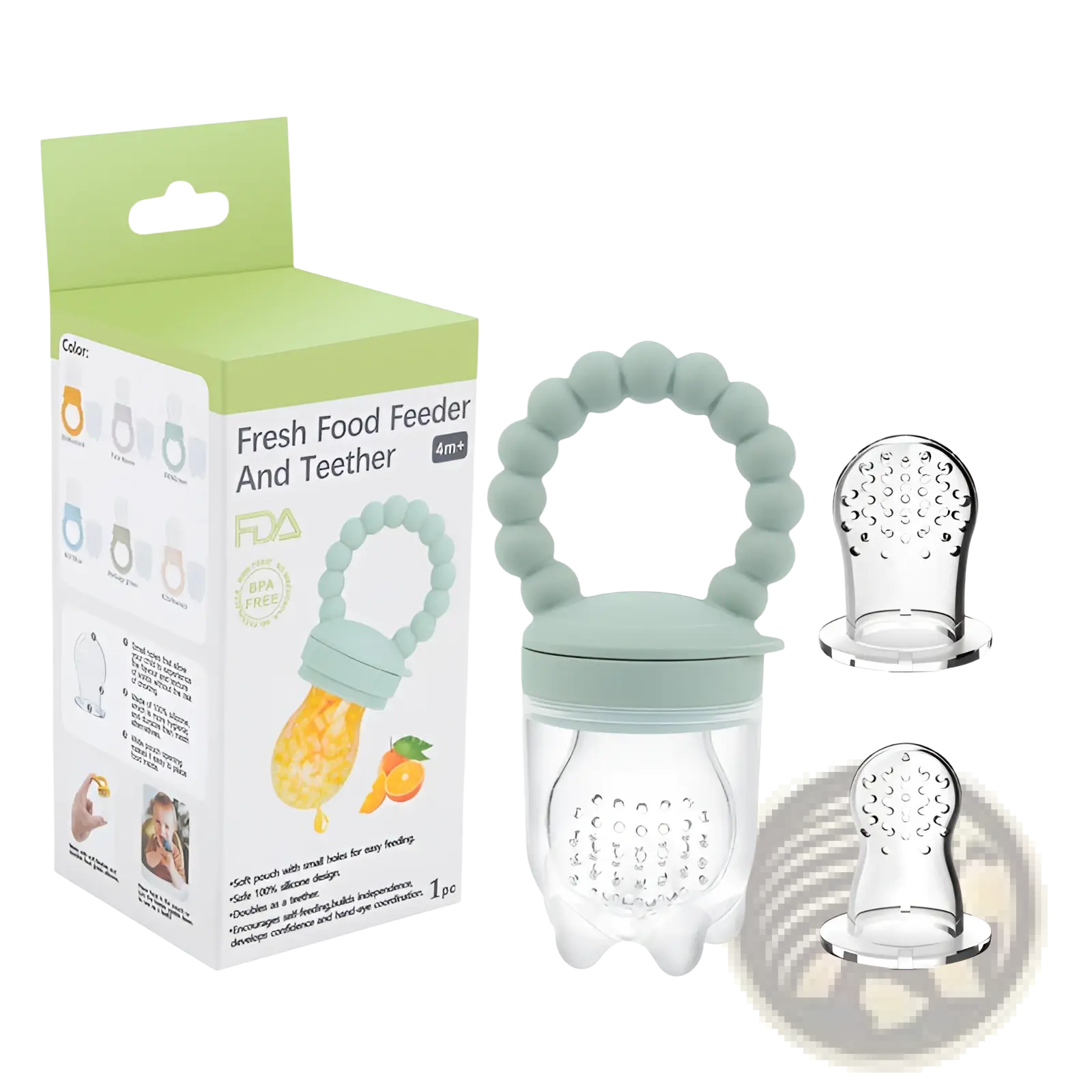 Light green silicone baby fruit feeder and teether with a clear plastic body and small holes for easy feeding