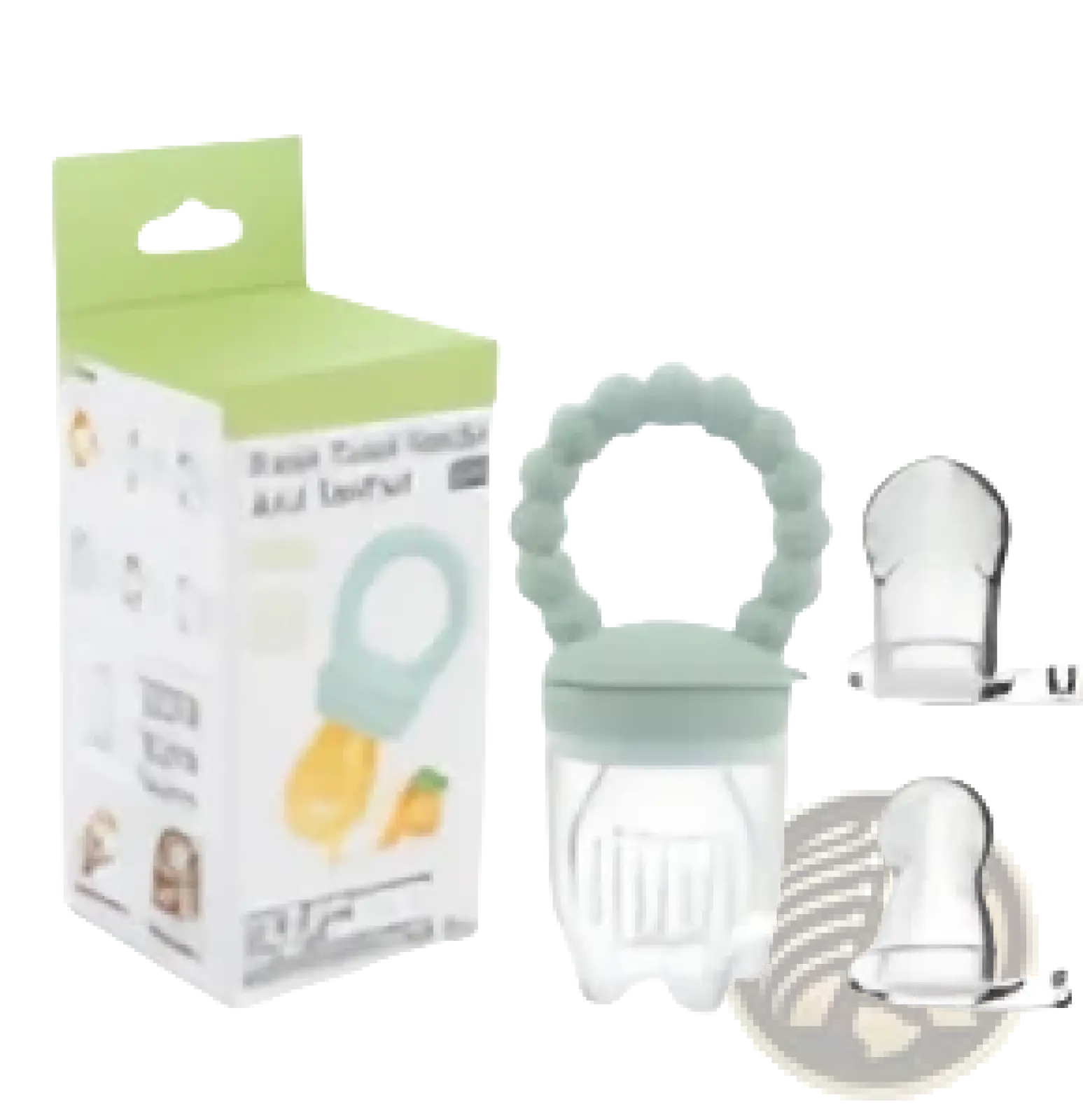 Baby fruit feeder silicone teether pacifier set with two pastel green and white soft silicone pacifiers for teething