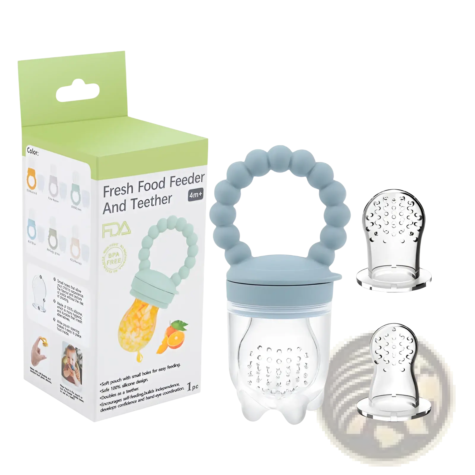 Light blue silicone baby fruit feeder and teether pacifier set with clear plastic body and beaded handle for grip