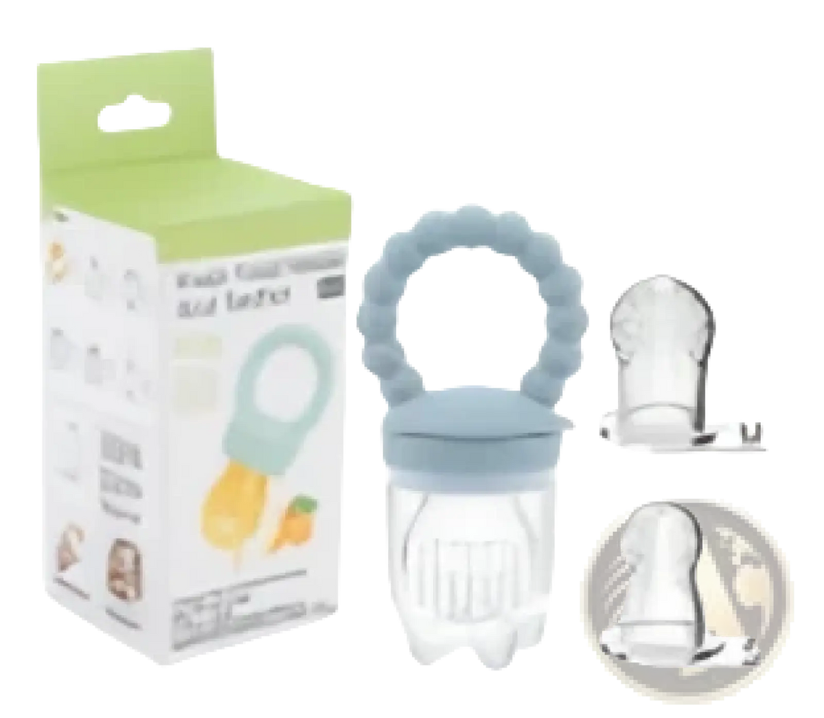 Blue silicone baby fruit feeder with clear plastic mesh and soft rounded design for teething and feeding