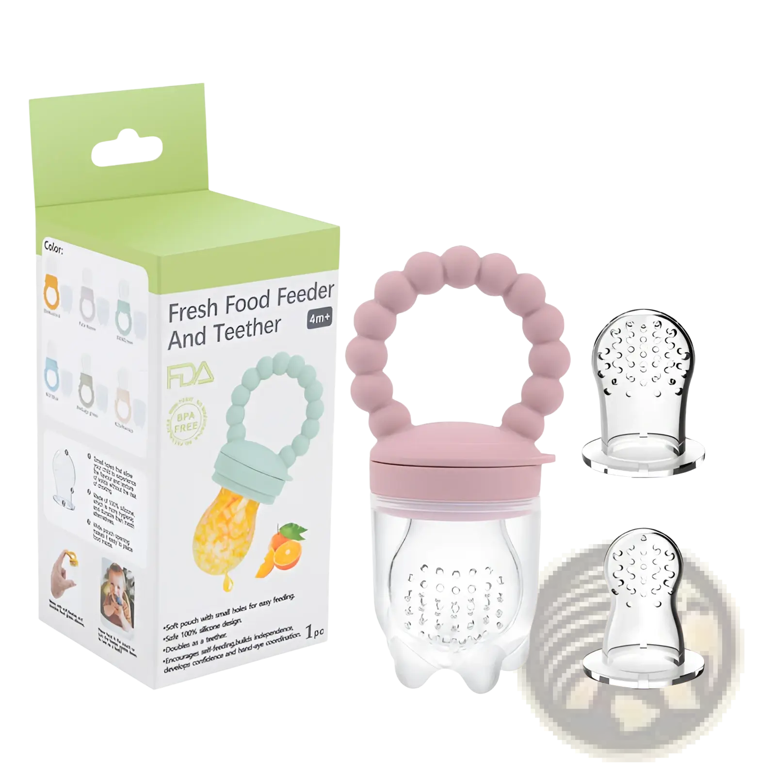 Pink silicone baby fruit feeder teether pacifier set with clear plastic body and beaded handle for safe feeding