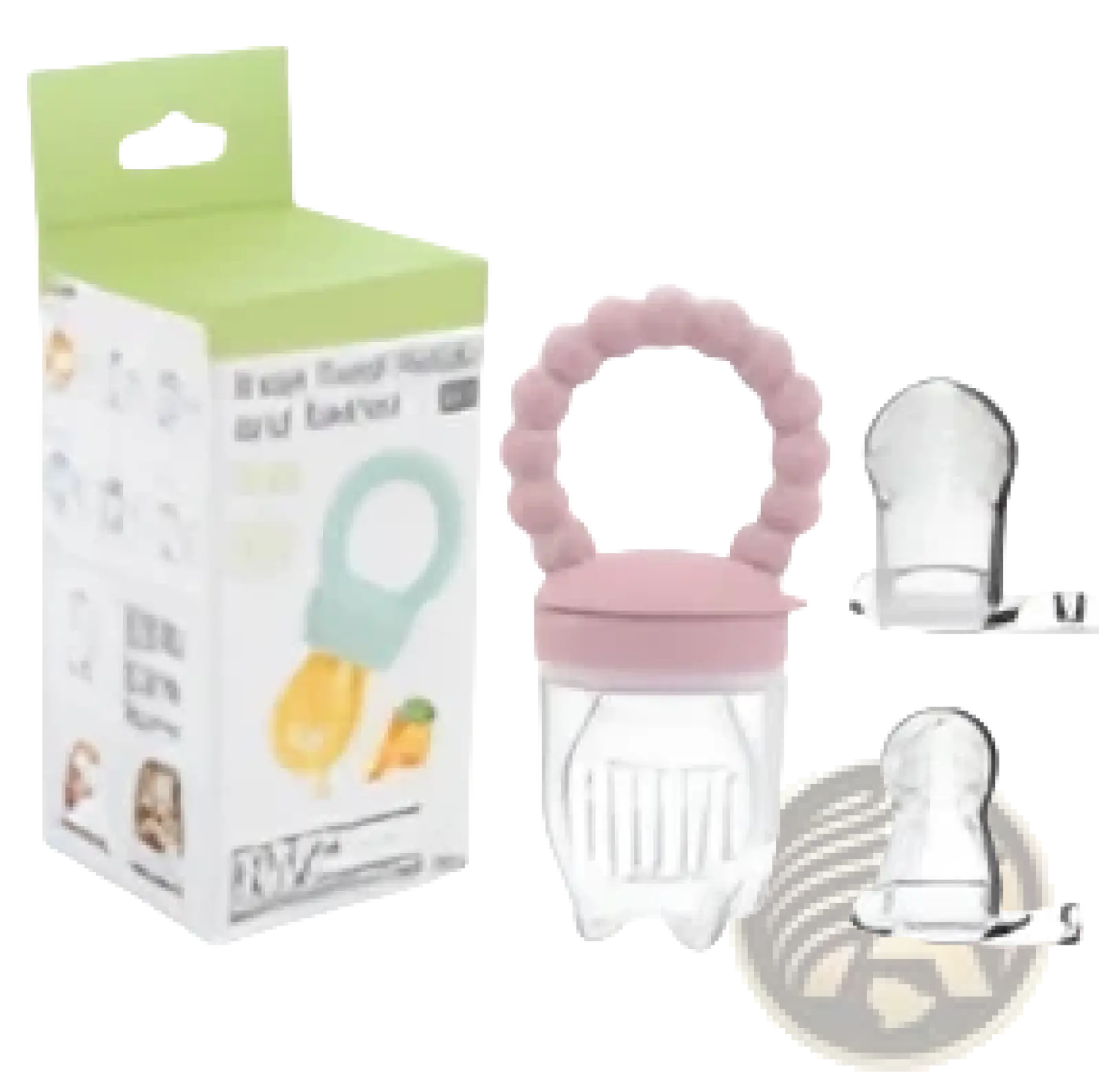 Pink silicone baby teether with soft rounded design and clear plastic handles from baby fruit feeder silicone teether pacifier set