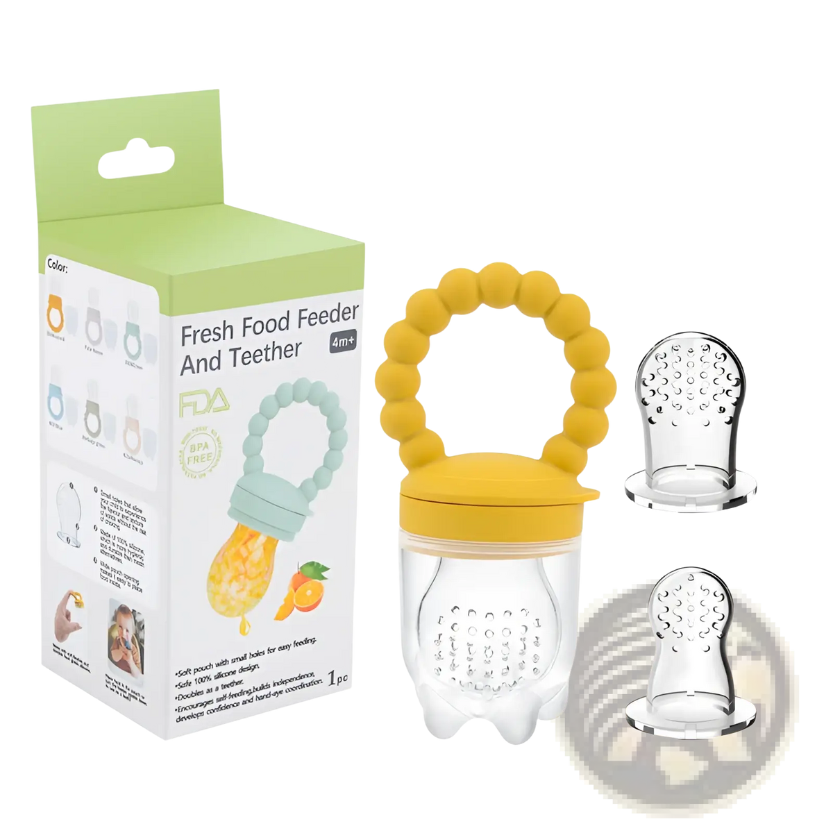 Yellow silicone baby fruit feeder teether pacifier set with clear plastic body and beaded handle for feeding and soothing