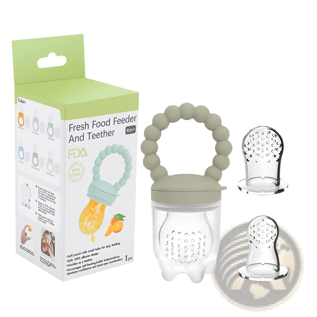 A clear silicone baby fruit feeder teether pacifier with a beige beaded handle and matching lid