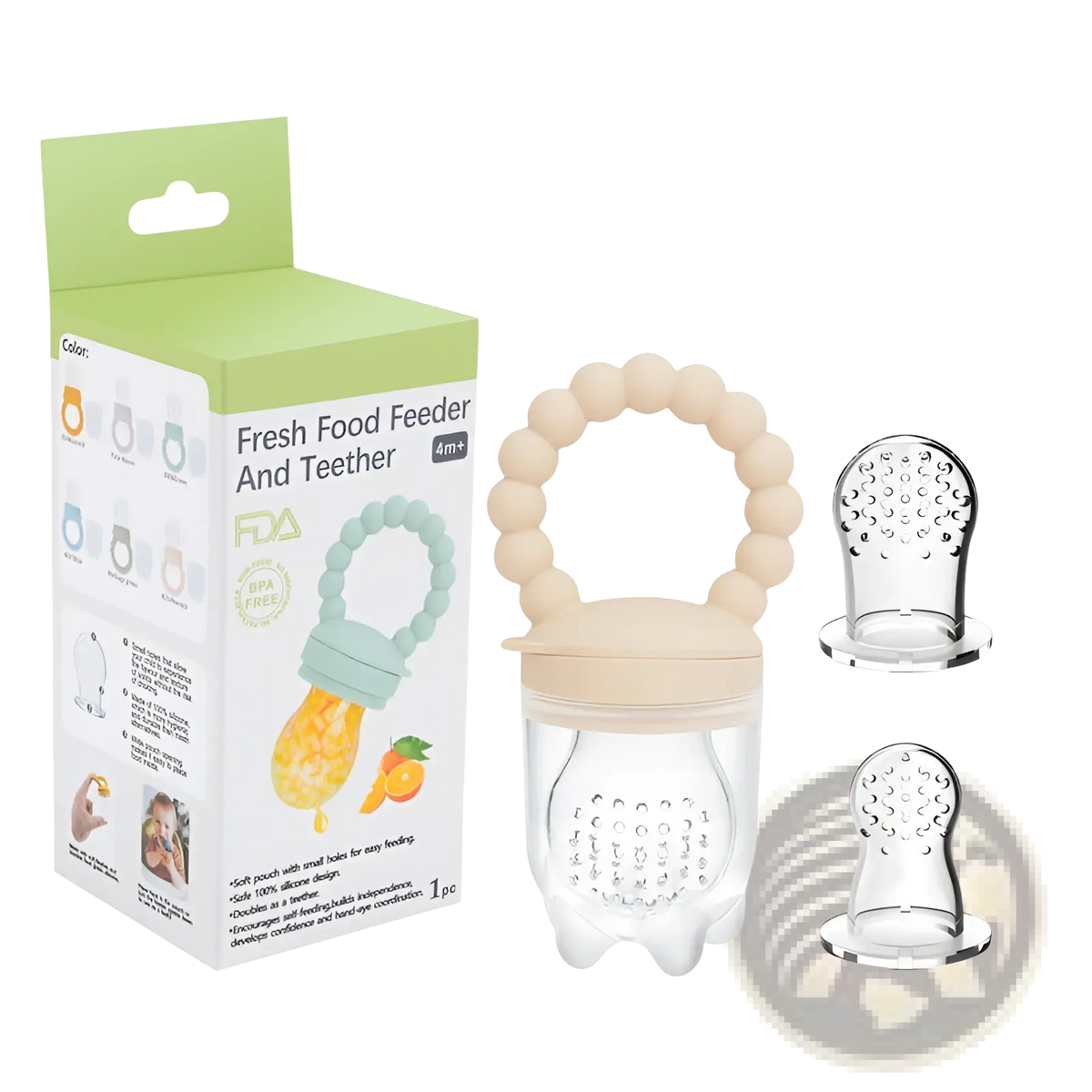 Beige silicone baby fruit feeder teether pacifier set with clear plastic body and textured teething surface