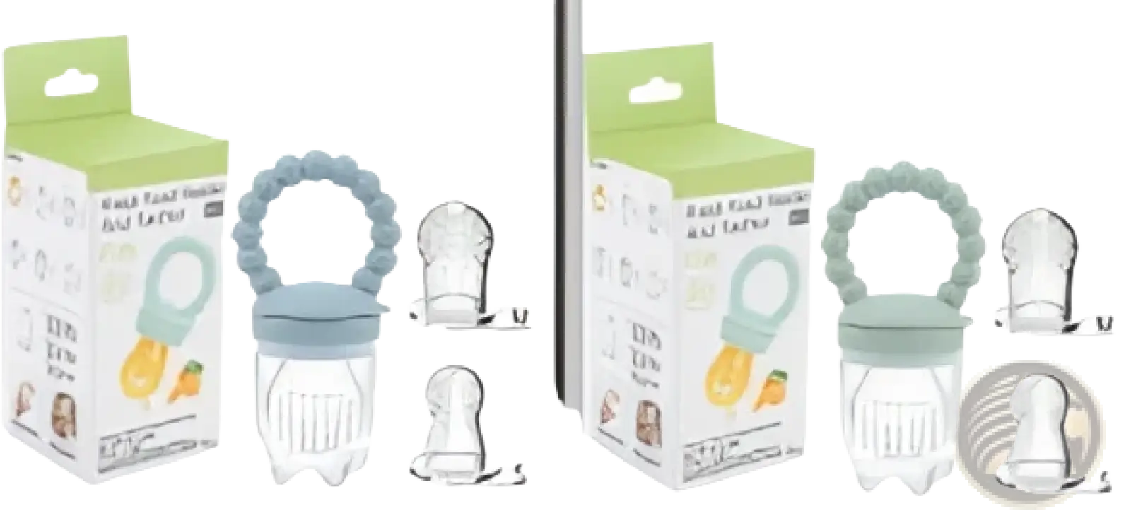 Light blue and white silicone baby fruit feeder teether pacifier set with a ring handle for soothing teething babies