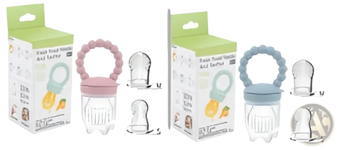Pink and blue silicone baby teething rings with clear plastic bases from the baby fruit feeder silicone teether pacifier set