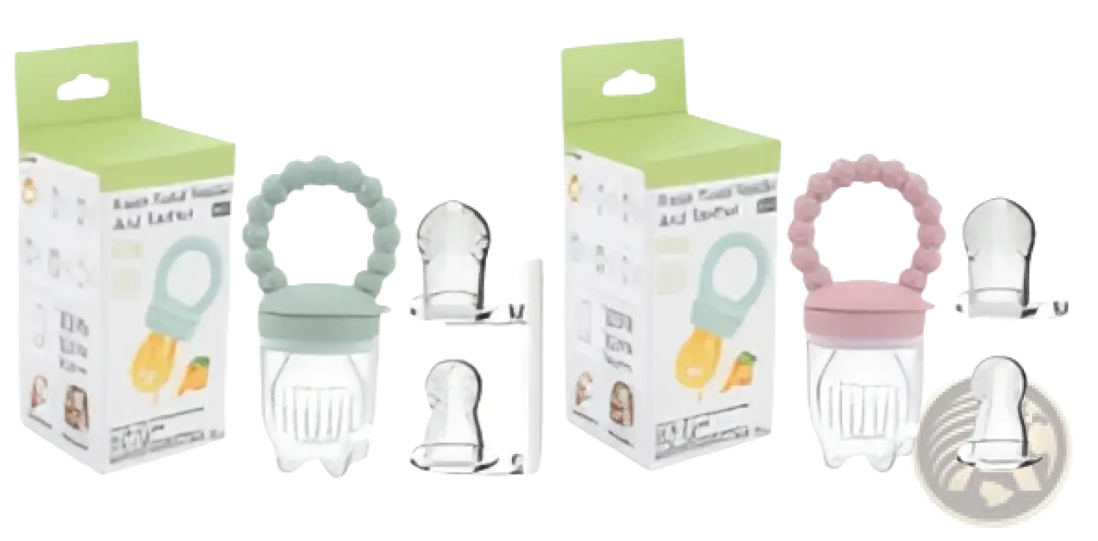 Baby fruit feeder silicone teether pacifier set with mint green and pink silicone rings and clear plastic bottles