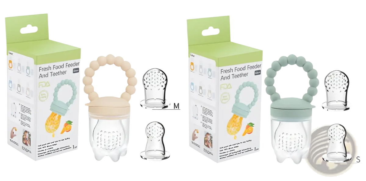 The baby fruit feeder silicone teether pacifier set features two clear plastic feeders with silicone bead handles and matching caps