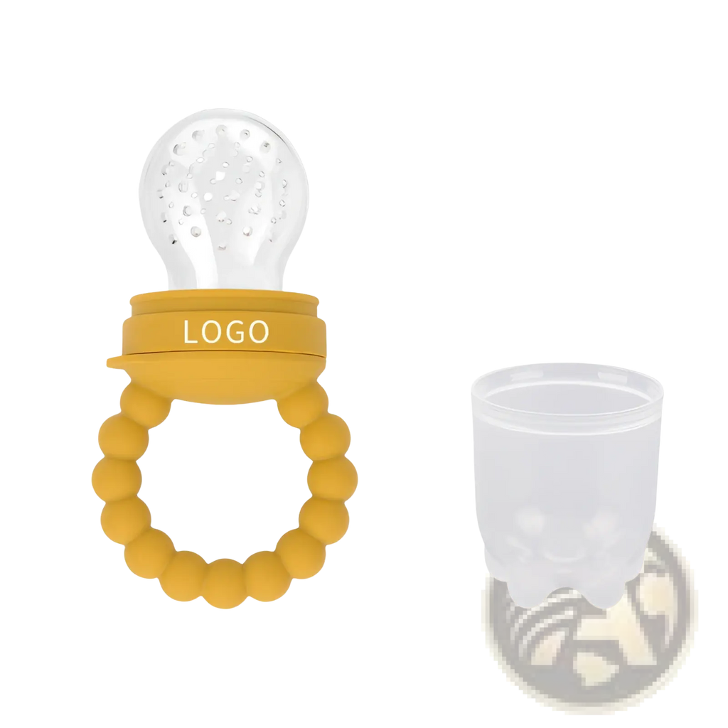 Yellow silicone baby fruit feeder teether pacifier set with clear textured fruit-shaped top and attached ring