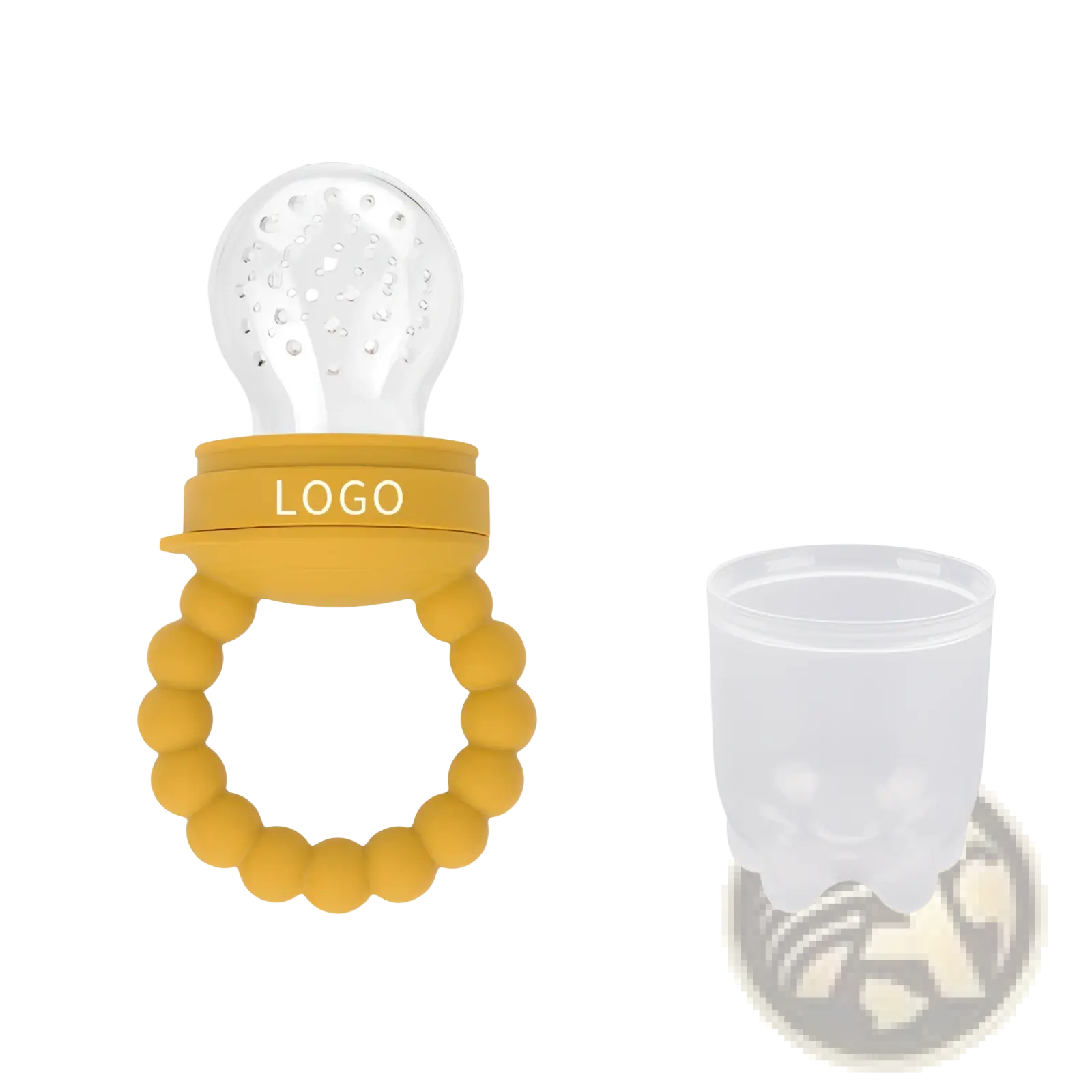 Yellow silicone baby fruit feeder teether pacifier set with clear textured fruit-shaped top and attached ring