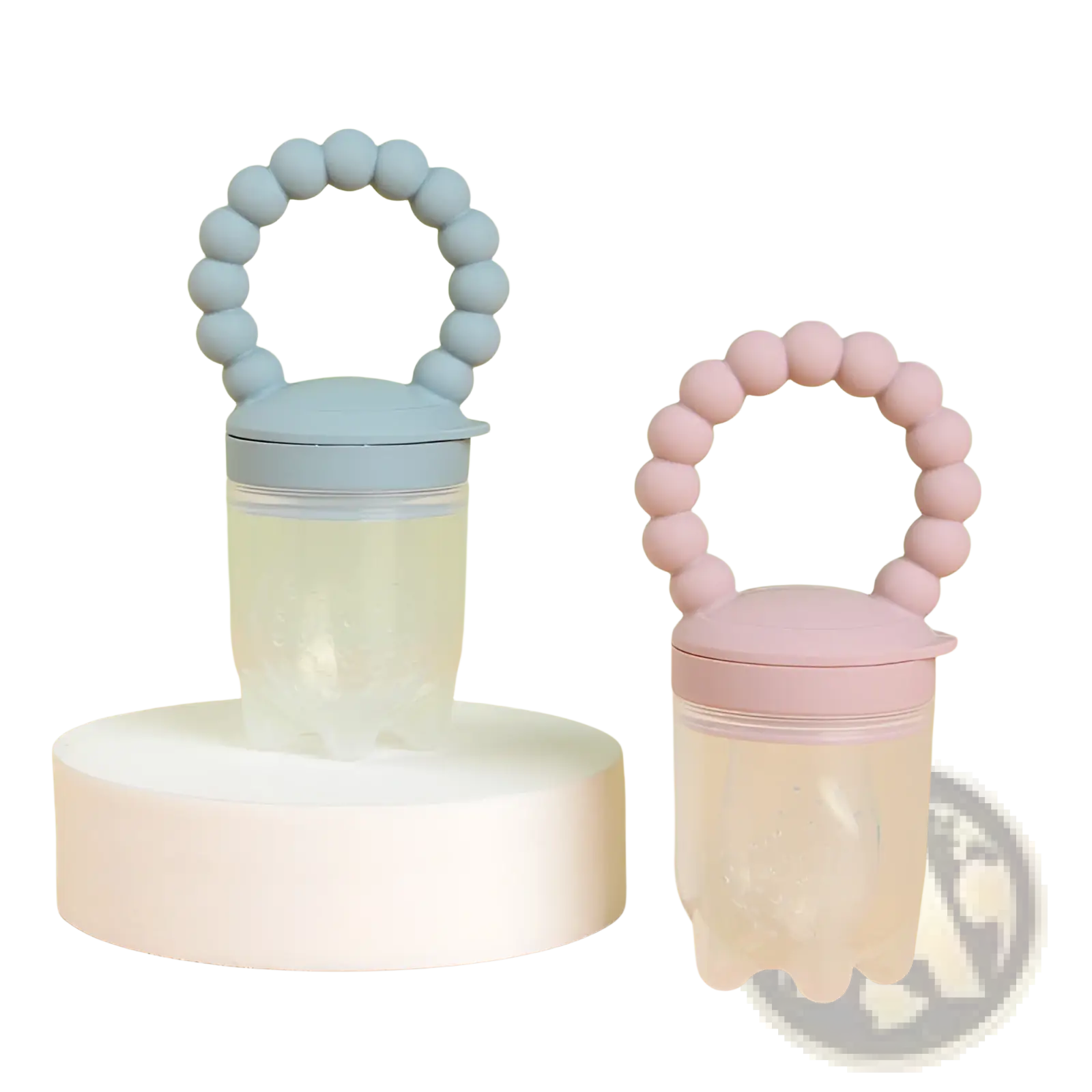Two silicone baby fruit feeder silicone teether pacifier set in soft blue and blush pink with beaded handle rings