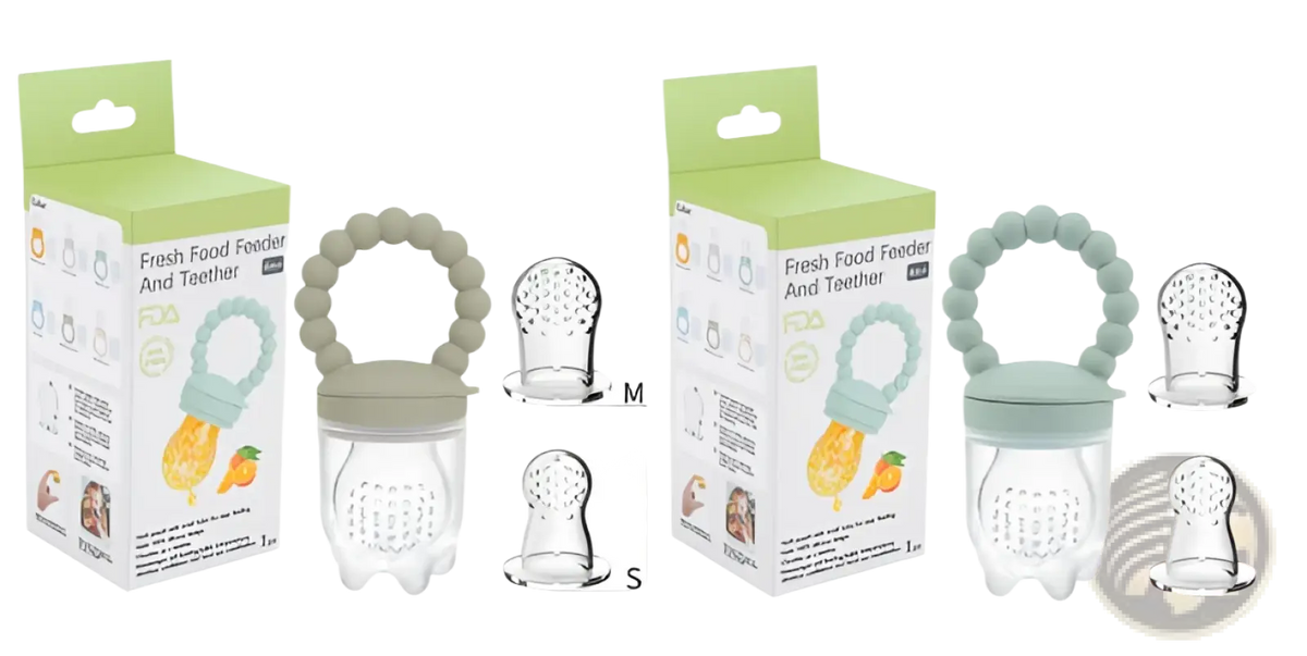 Clear plastic baby fruit feeder with soft light green silicone ring and matching lid for teething and feeding