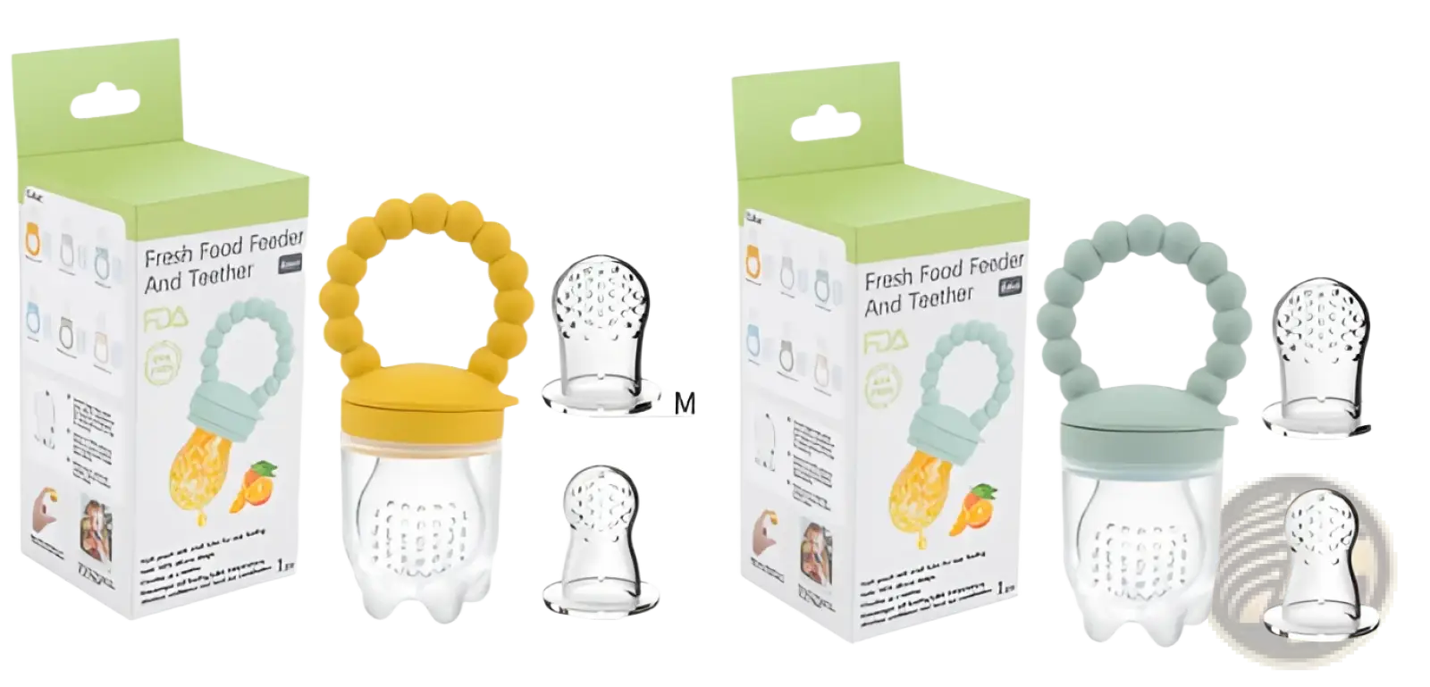 Yellow silicone ring with clear plastic body and metal teething caps in baby fruit feeder silicone teether pacifier set
