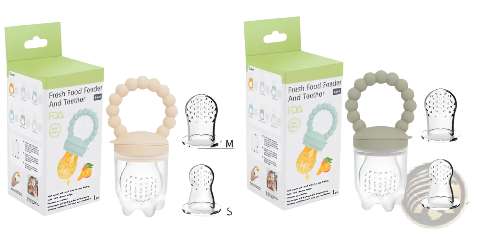 Beige silicone and clear plastic baby fruit feeder with a beaded handle for teething and fresh food feeding